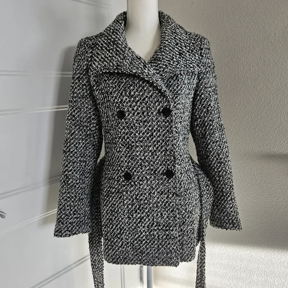 Calvin Klein Women's Black and White Tweed Pea Coat. Size 8P - Picture 2 of 8